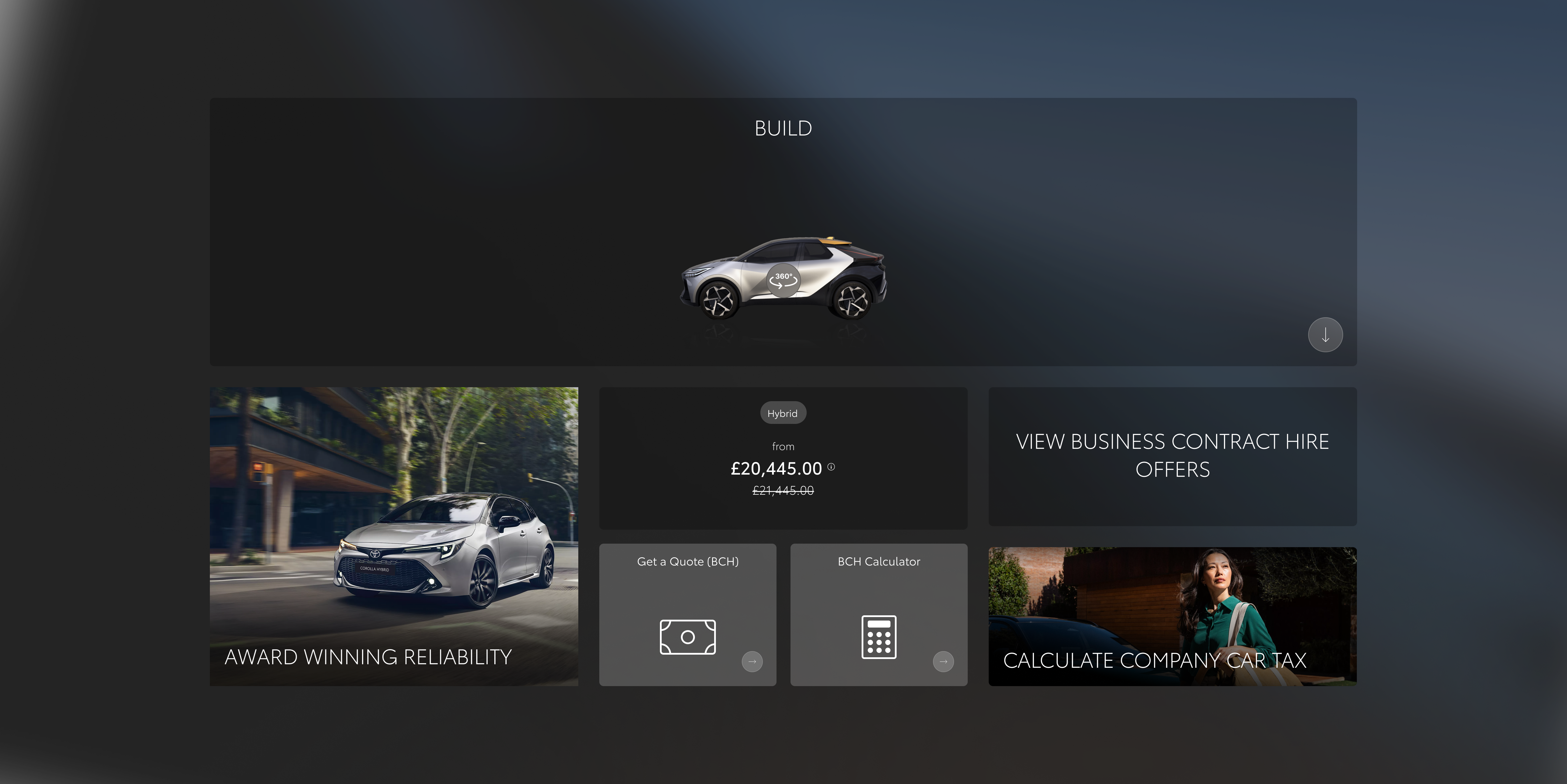 Sales grid for business buyers: BCH quote, calculator, contract hire offers, company car tax, and fleet-focused tiles